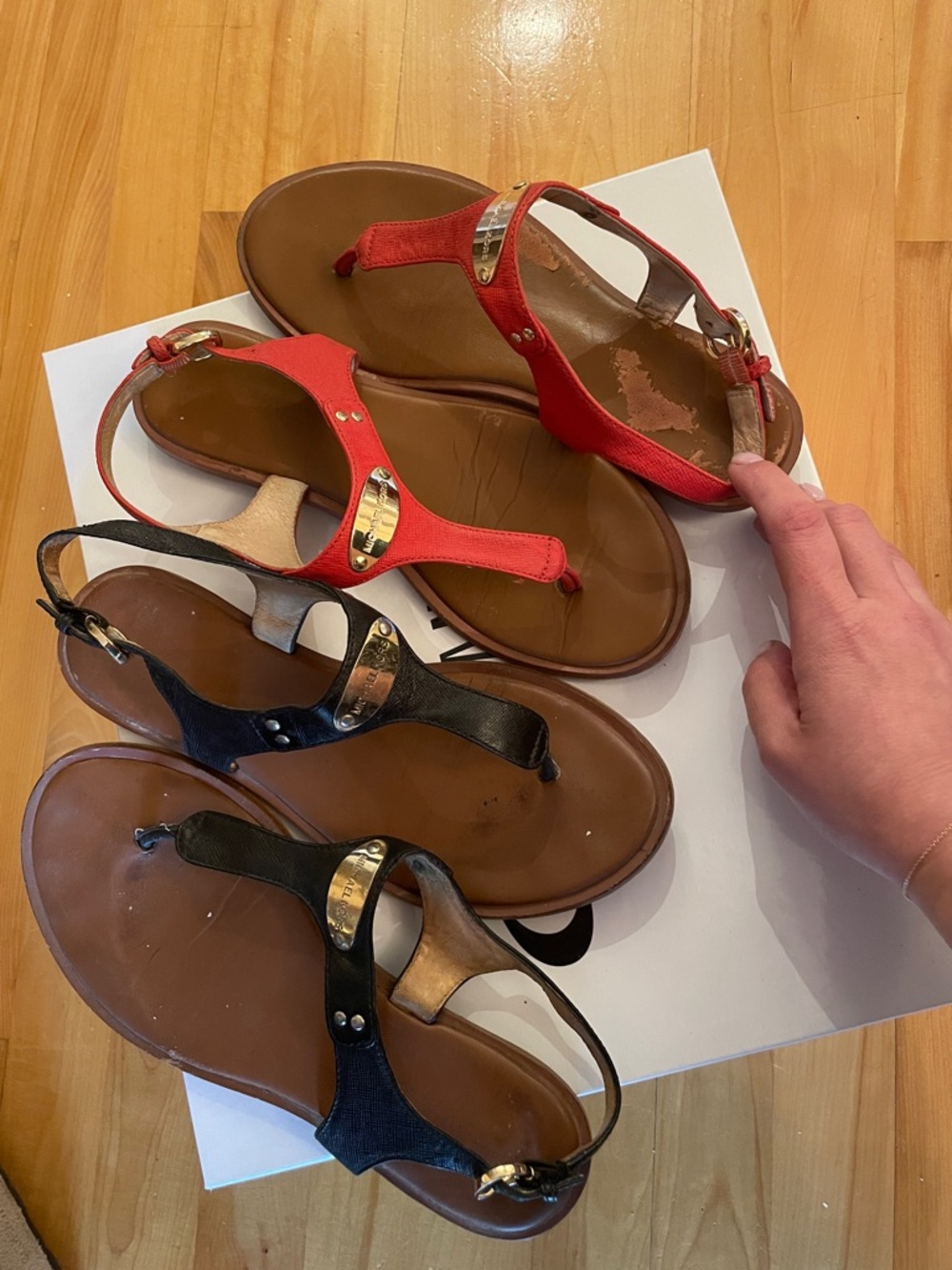 2 pairs of Michael Kors Red/Orange ish & Black T-Strap Sandals with Gold Accent